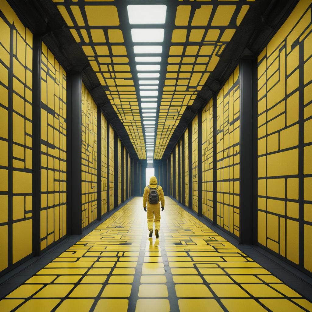Man Walks Yellow Carpet in Space, Symmetrical Art