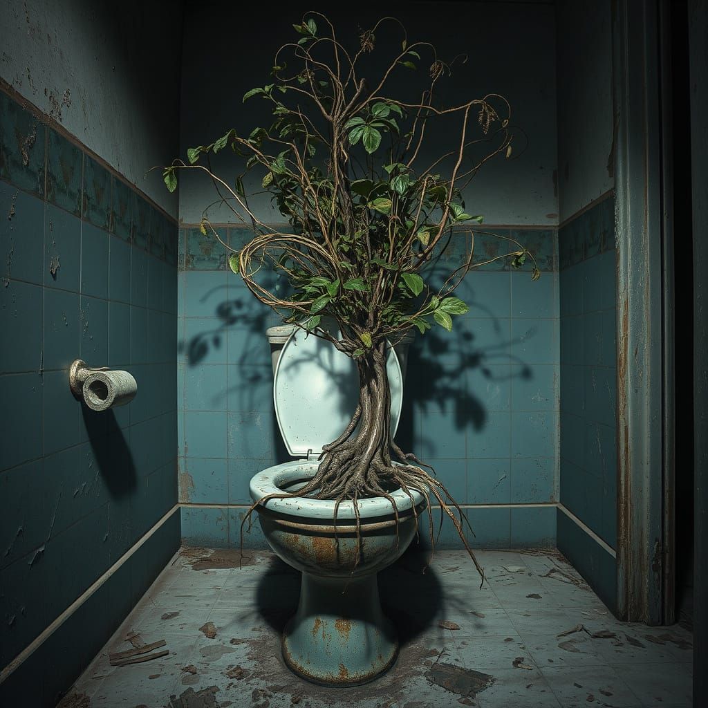Wild Plant Growing From Toilet in Dystopian Style