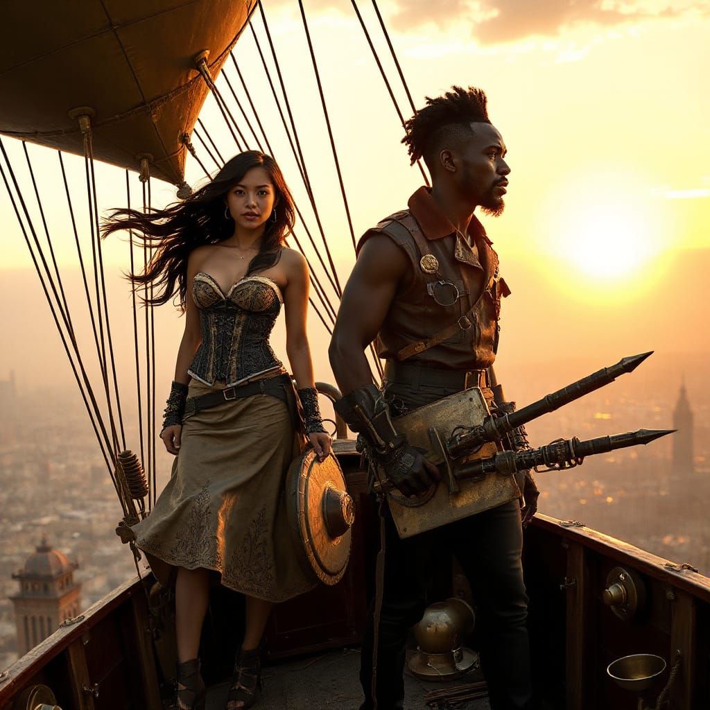 Steampunk Airship Scene with Woman and Warrior