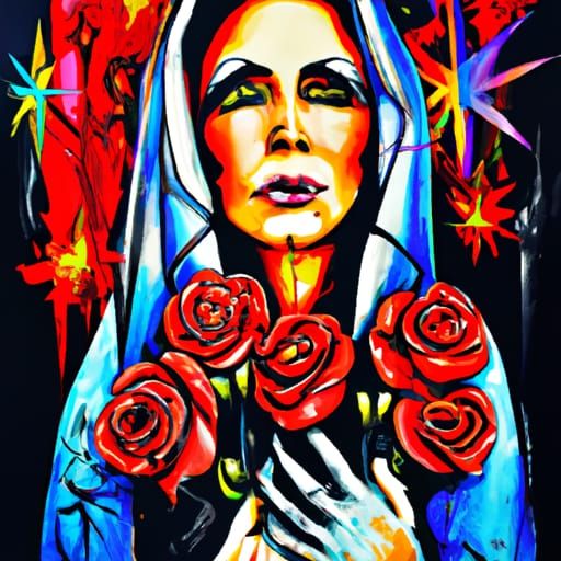 Eerie Gothic Woman with Roses in Graffiti Art