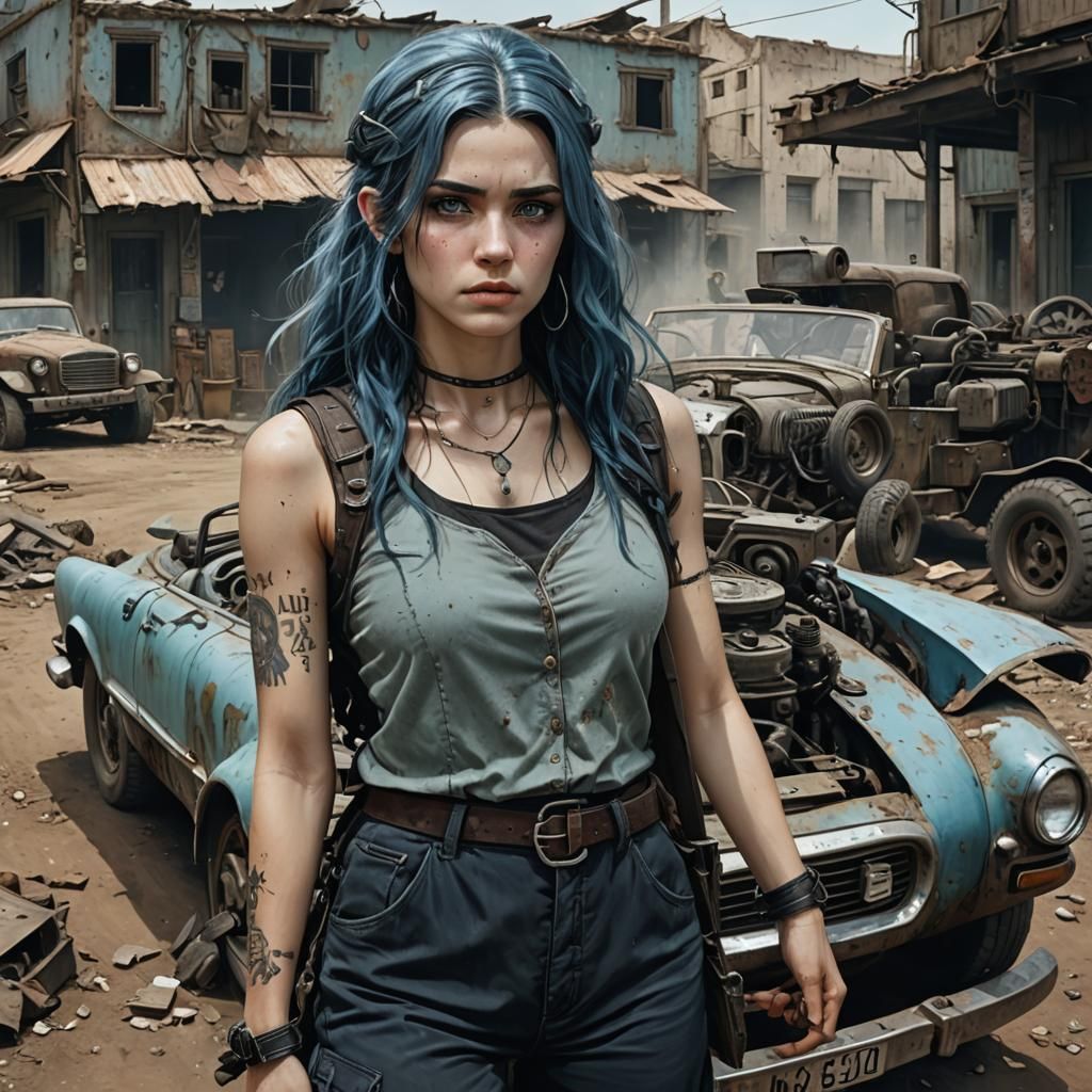 Woman with Blue Hair in Post-Apocalyptic Setting
