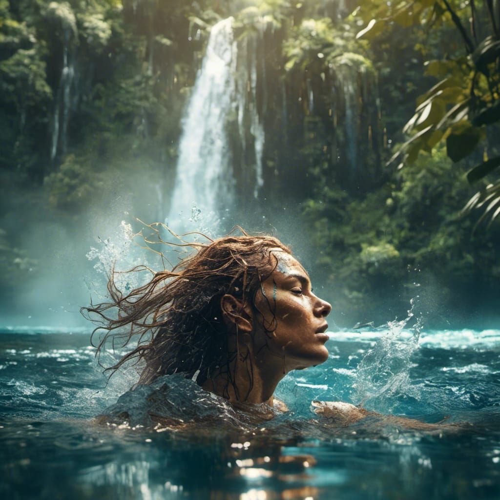Woman Swims in Jungle Waterfall: Hyperreal Photo