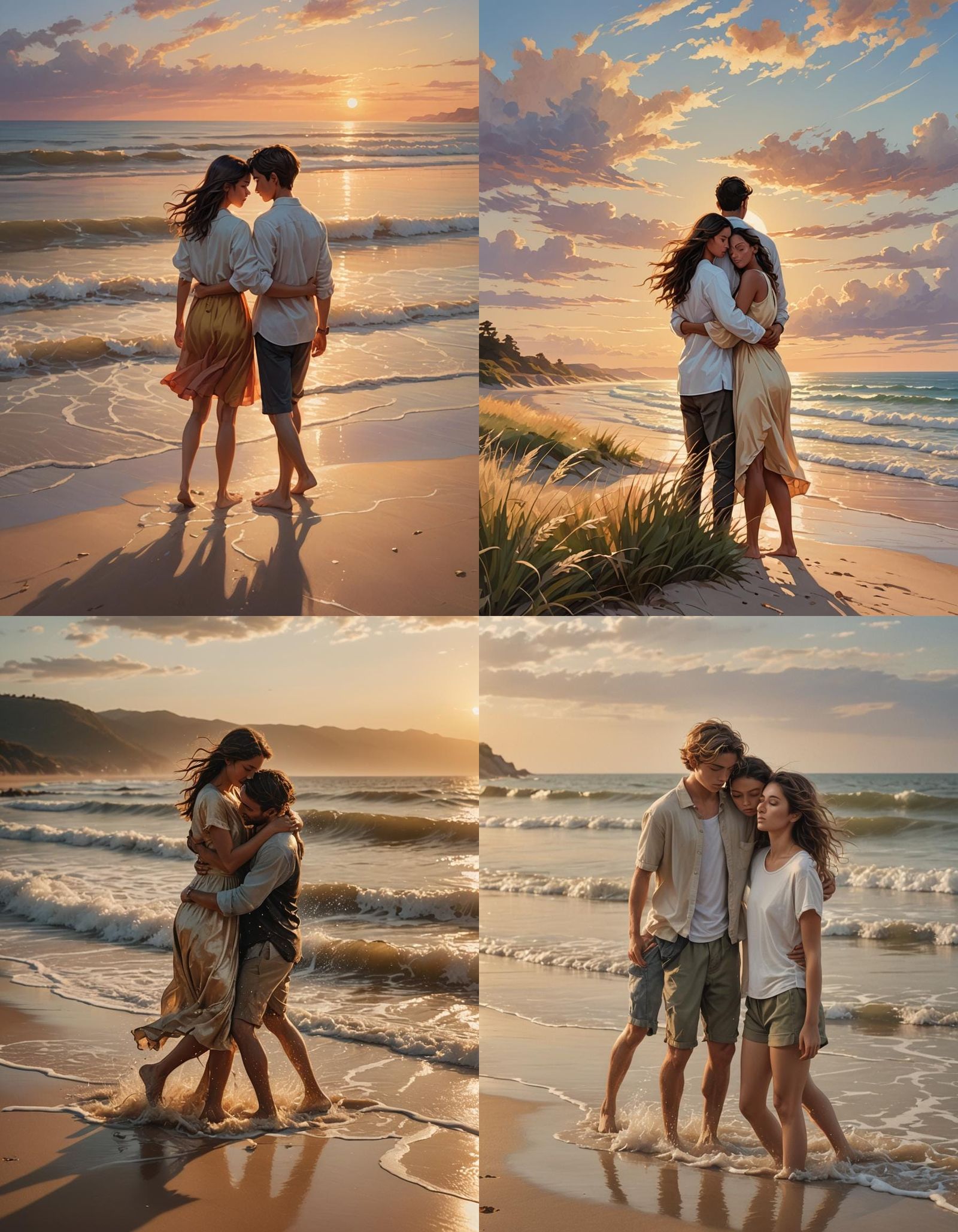 Romantic Beach Embrace in Hyperrealistic Splash Art
