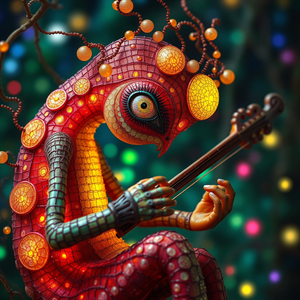 Whimsical Skeksi Plays Xylophone in Opalescent Wonderland