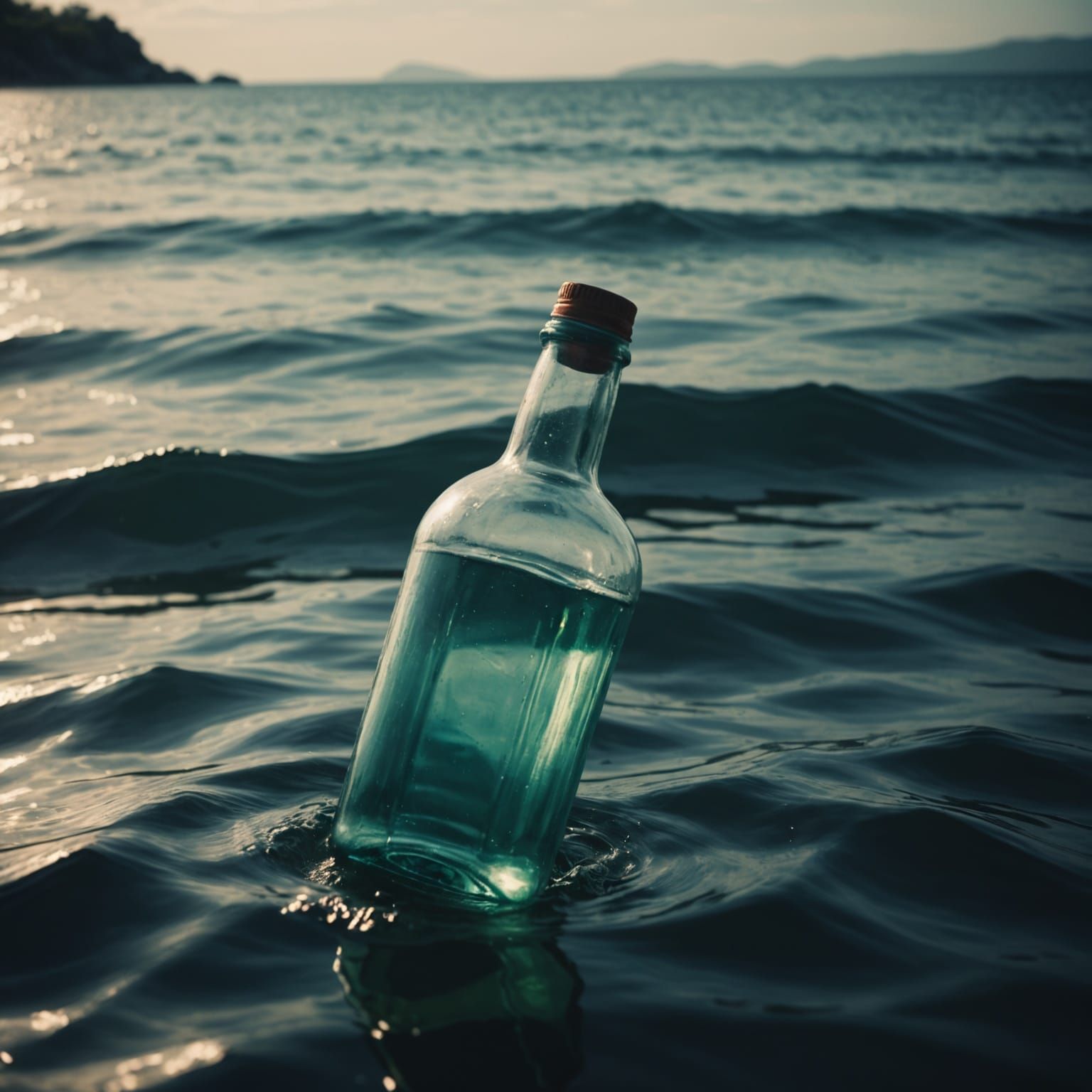 Empty Bottle Adrift in Dramatic Sea - Cinematic Film Still