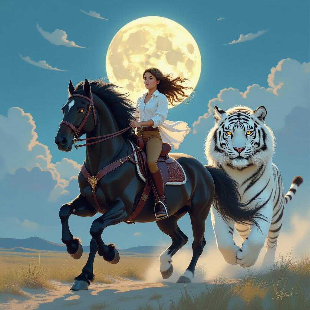 Girl Rides Stallion with Tiger in Digital Painting Style