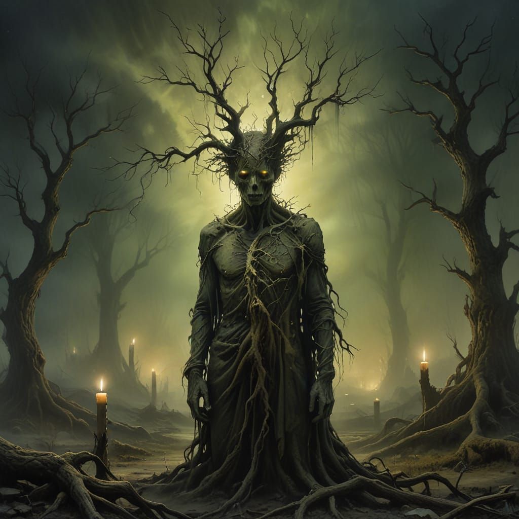 Mysterious Figure in Desolate Landscape