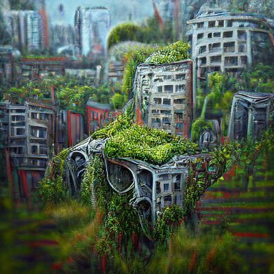 City Overgrown with Nature: Photorealistic Oil Painting