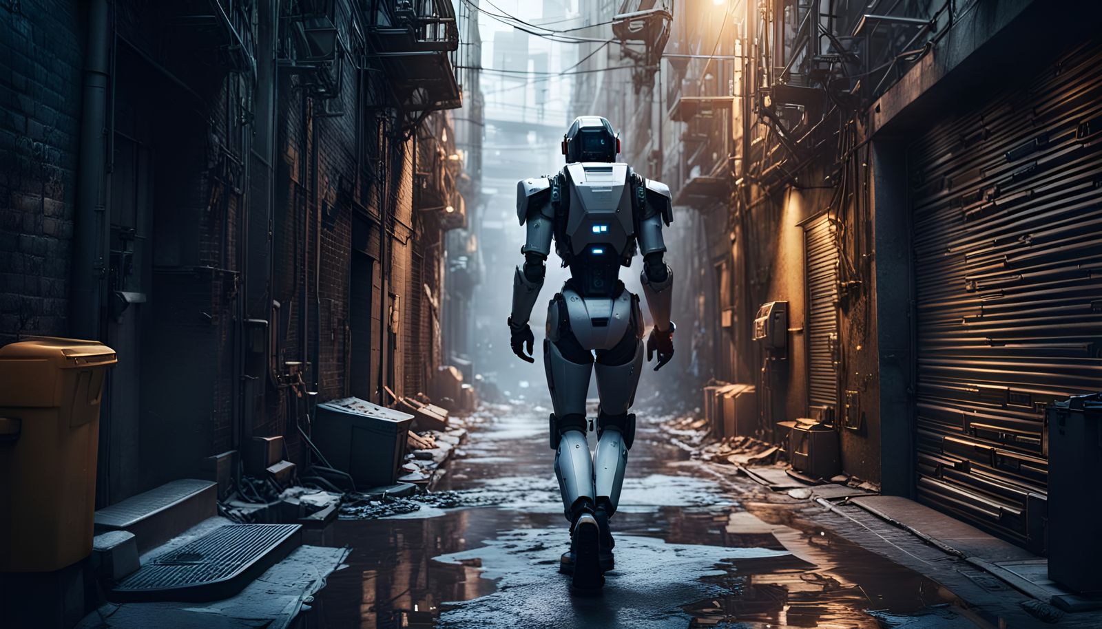 Hyperrealistic Man with Robotic Arm in Alley