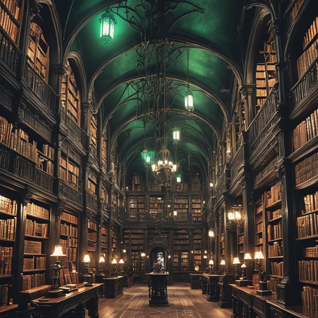 Gothic Library in Halloween Town with Emerald Lanterns