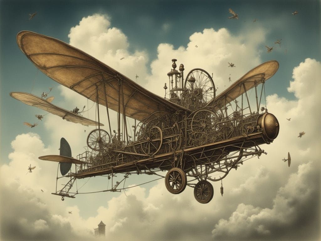Pre-WWI Flying Machine in Dramatic Sky