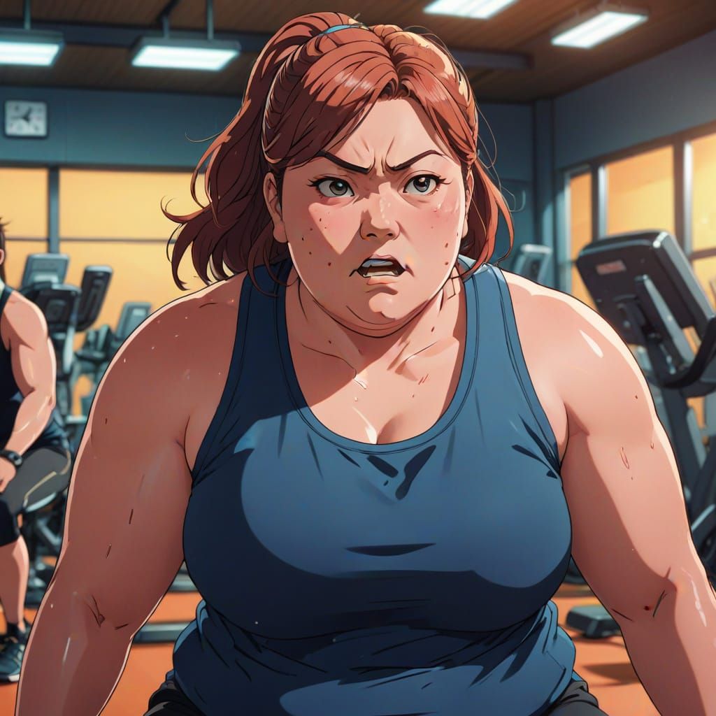 Anime-Style Plus-Size Woman Exercising in Gym