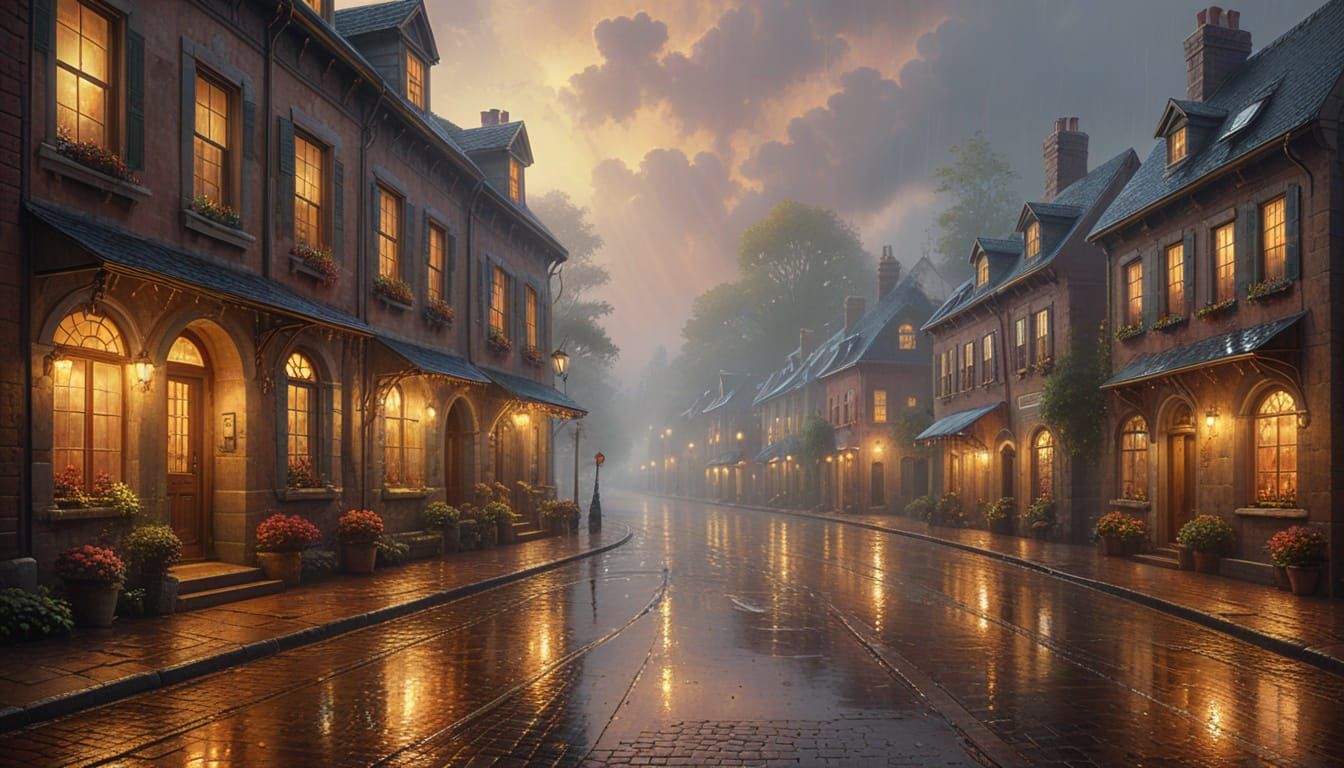 Ethereal Summer Rain Scene as Oil Painting