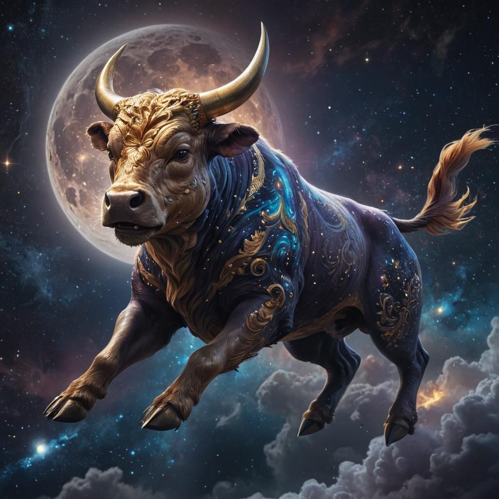 Golden Bull Soaring to the Moon in Space