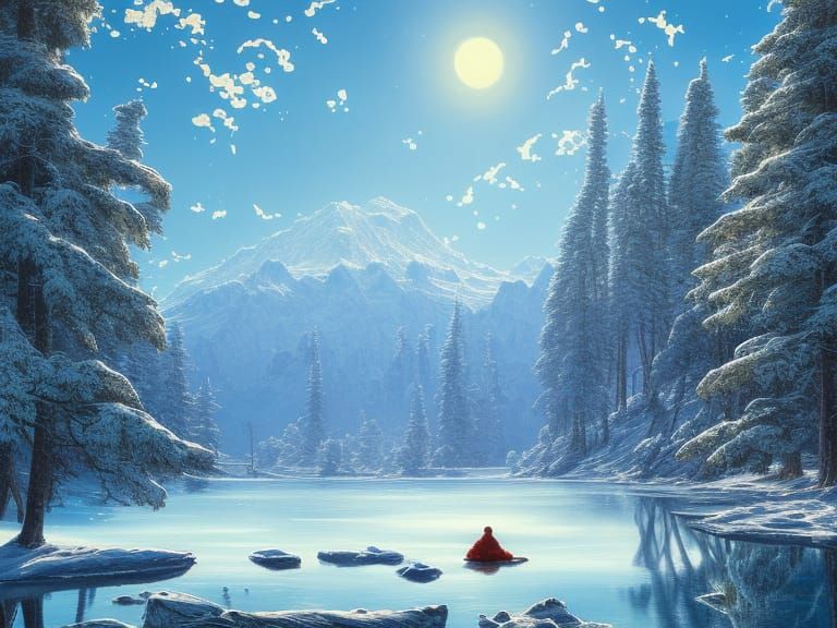 Winter Lake Oil Painting in Hyperdetailed Style
