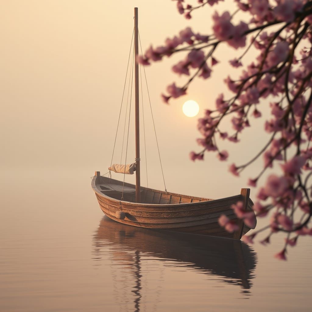 Sailboat Amid Cherry Blossoms in Fairycore Style
