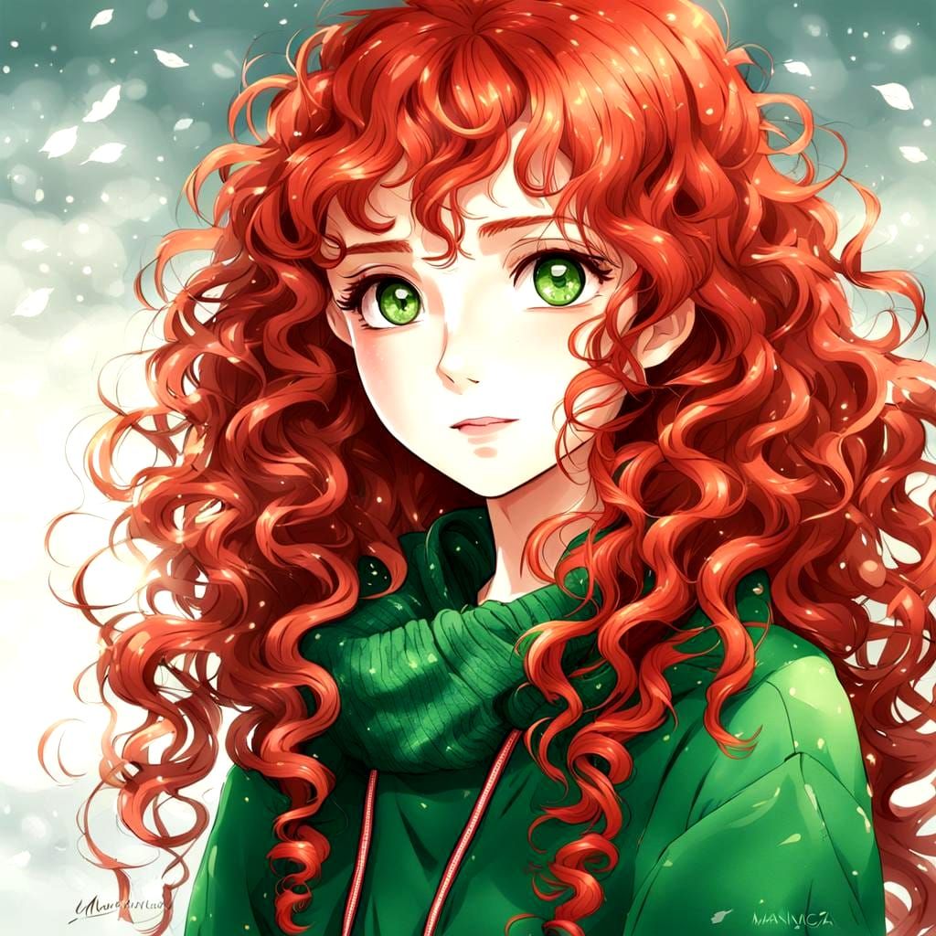 Anime Girl with Red Hair and Green Sweater