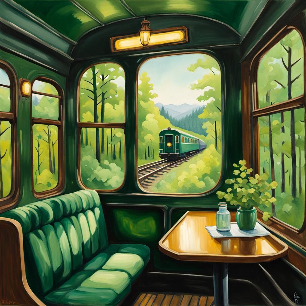 Impressionist Train Journey Through Lush Forest