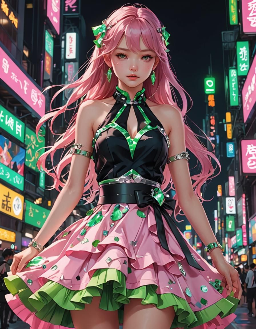 Pink and green, with platinum accents dress. amidst bright n...