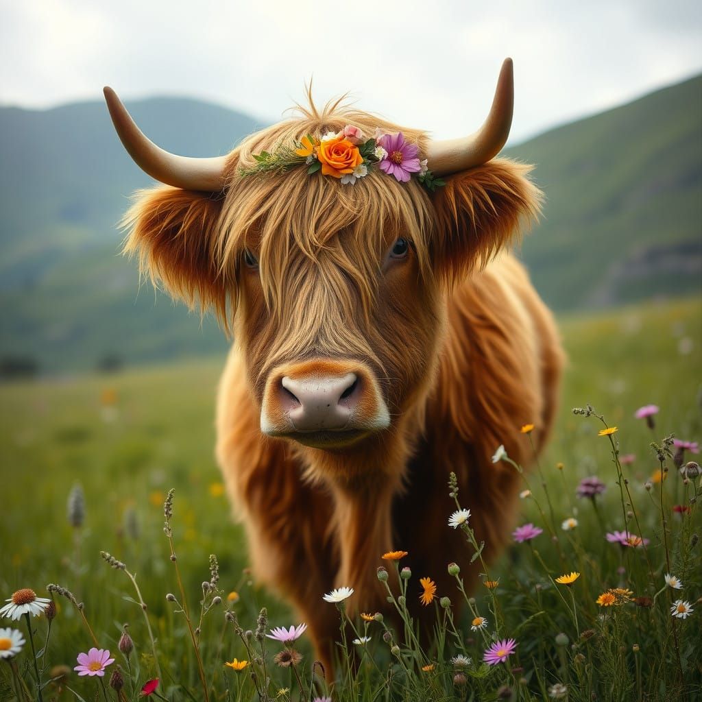 Gentle Highland Cow in a Lush Scottish Meadow