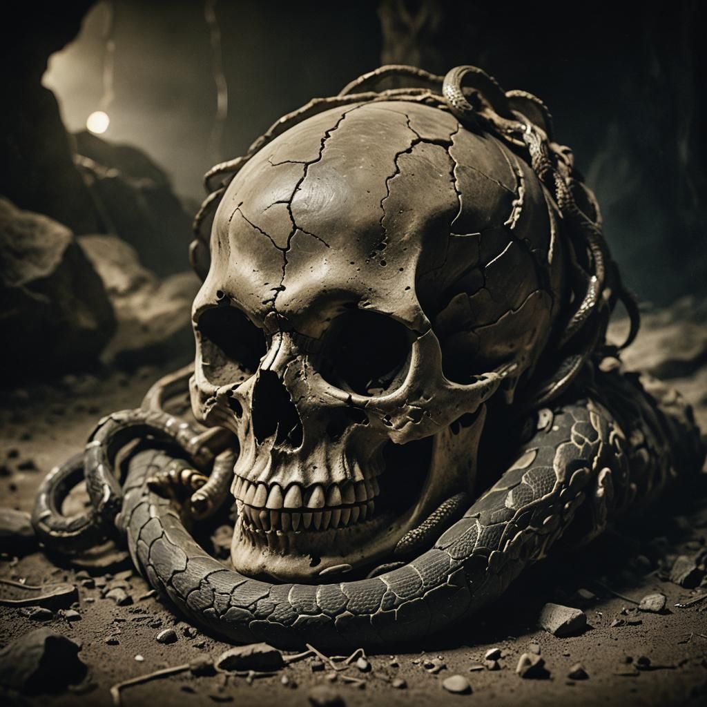 Ominous Serpent Coiled Around Ancient Skull