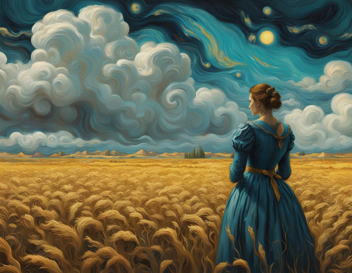 Woman Thinking with Clouds, Van Gogh Pastel Style