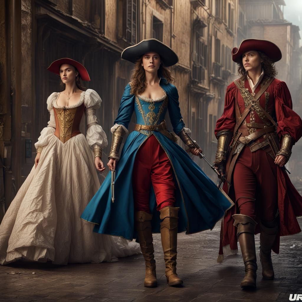 Gal Gadot, Brie Larson, and Scarlett Johansson as Musketeers