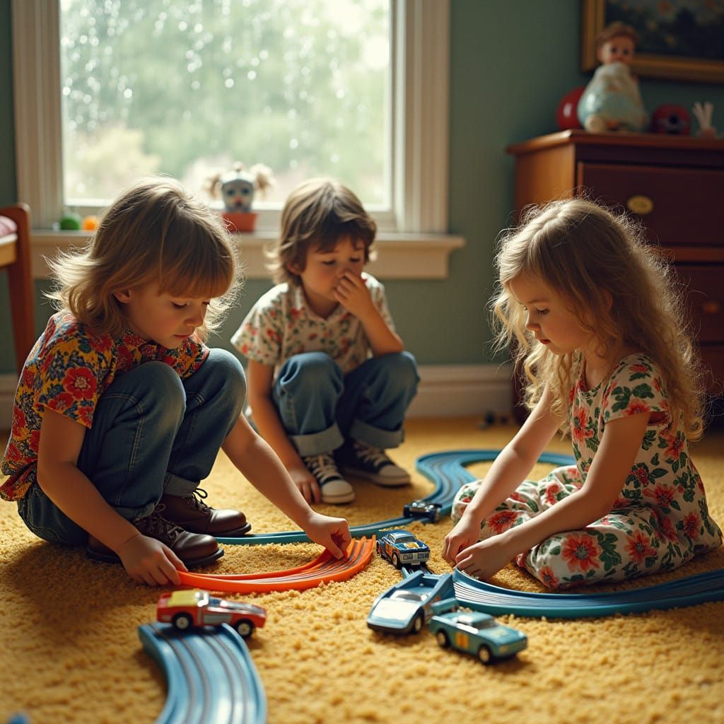 Nostalgic 1970s Kids Enjoy Rainy Afternoon Playtime