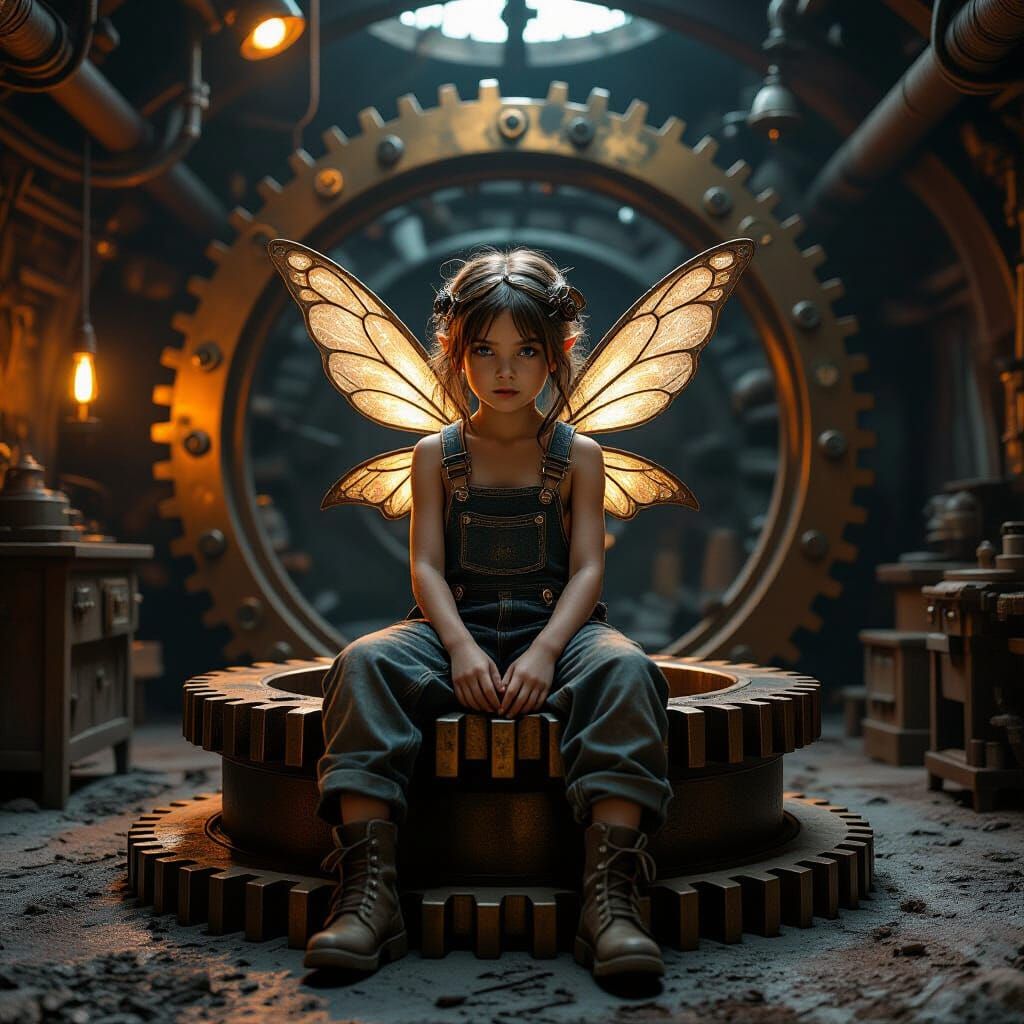 Steampunk Fairy Child in Underground Workshop