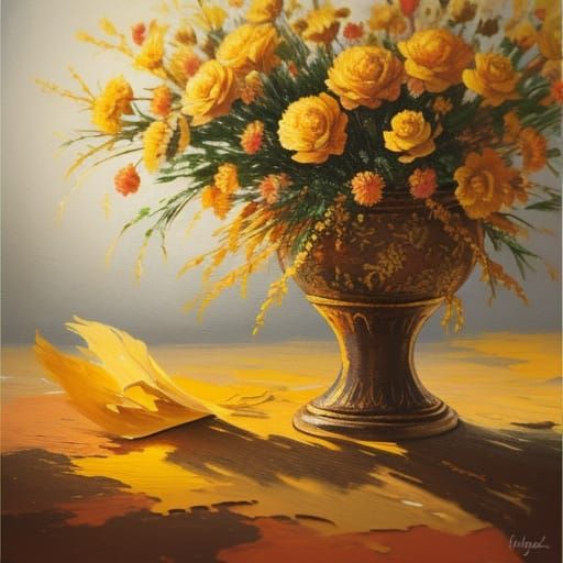 Textured Golden Flowers Oil Painting Masterpiece