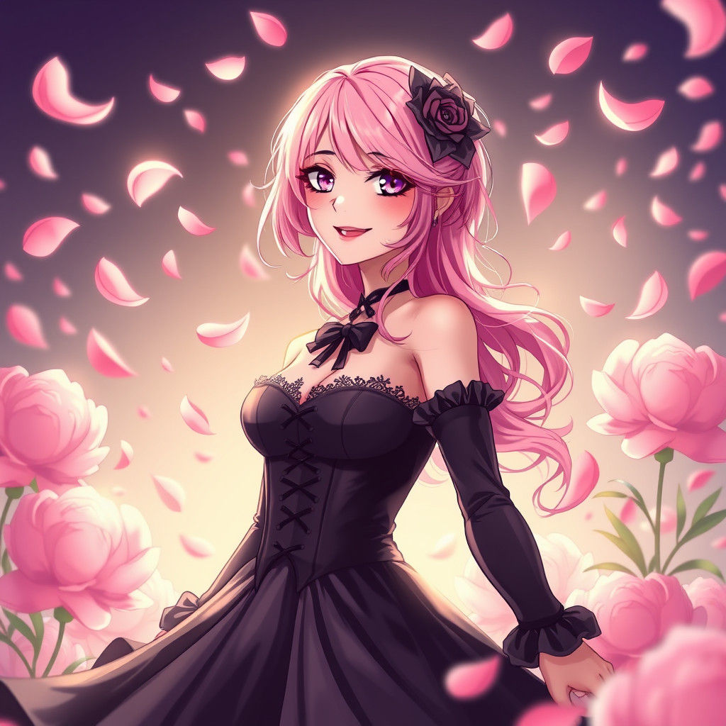 Pink-Haired Woman in Gothic Gown with Peonies