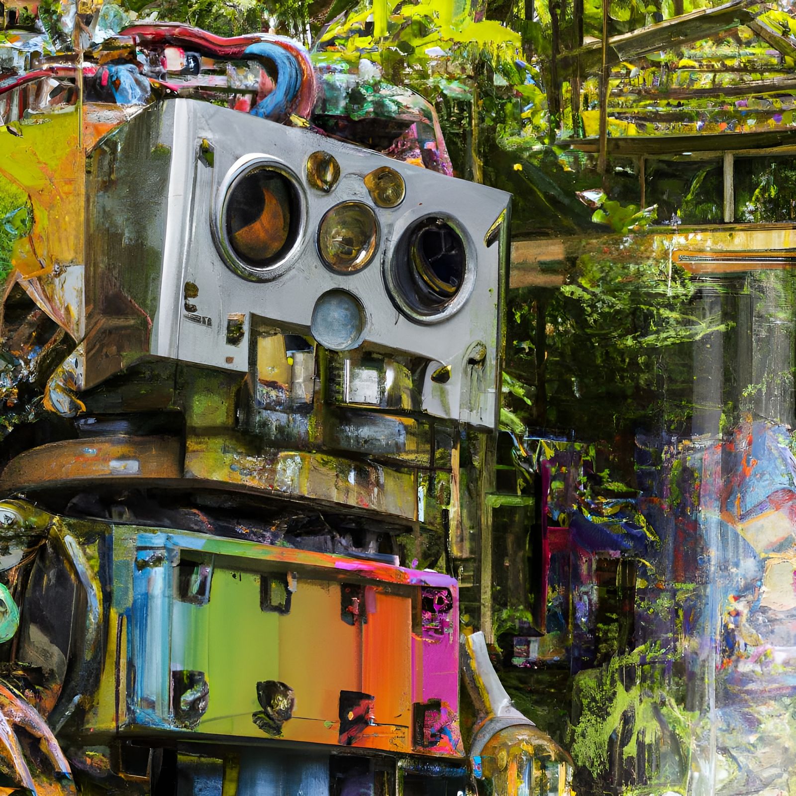 Graffiti Robot in Botanical Garden, Hyperrealistic Style