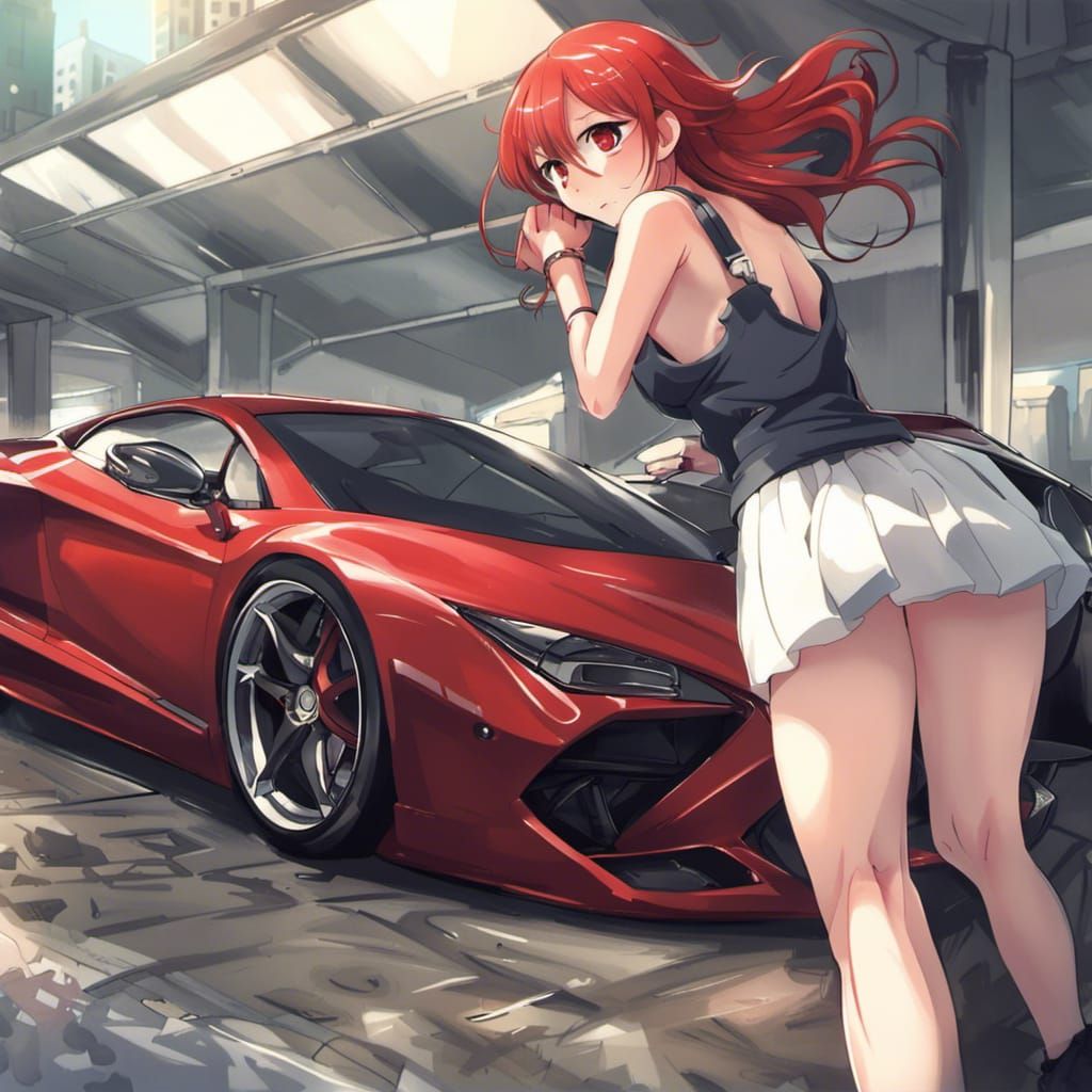 Red Haired Girl with Supercar in Anime Style