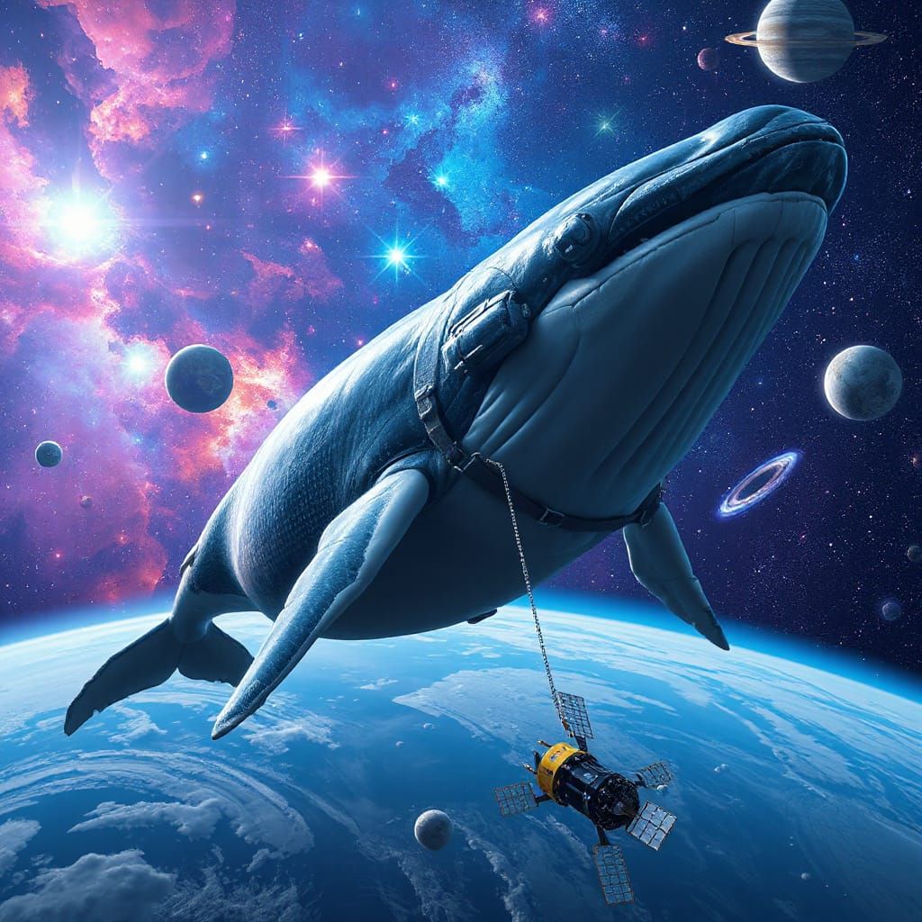 Giant Whale in Vibrant Nebula with Planets