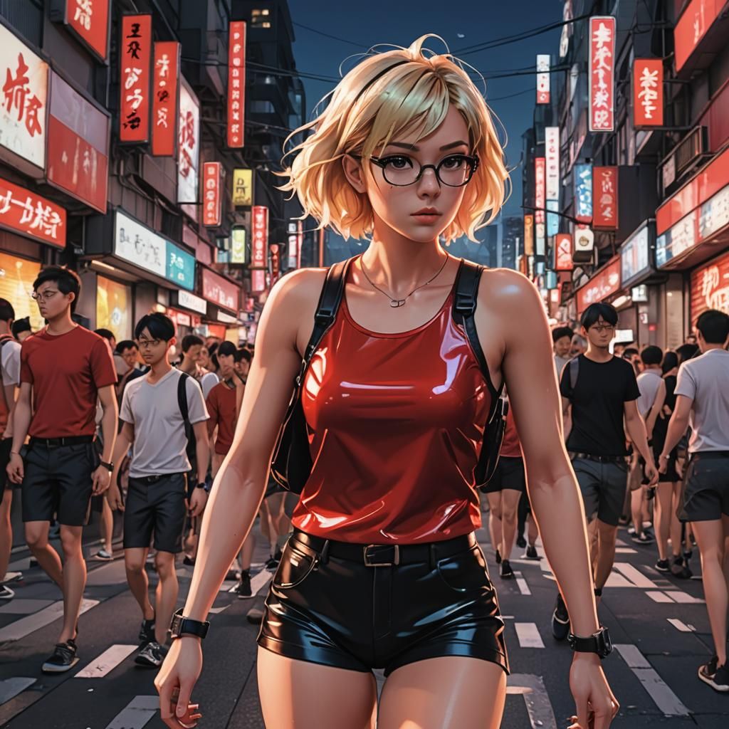 Anime Woman in Cityscape with Neon Lights