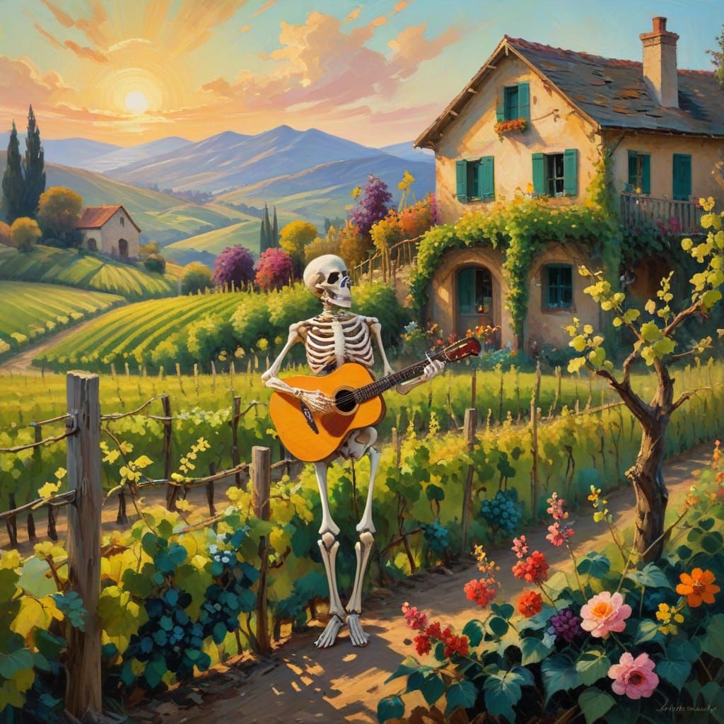 Surreal Impressionist Masterpiece of Skeleton in Vineyard
