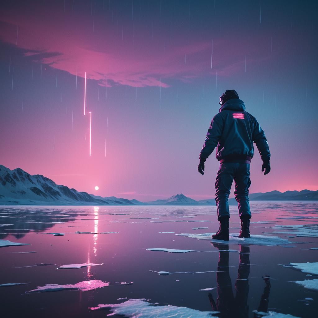 Synthwave Figure Fleeing Across Frozen Lake