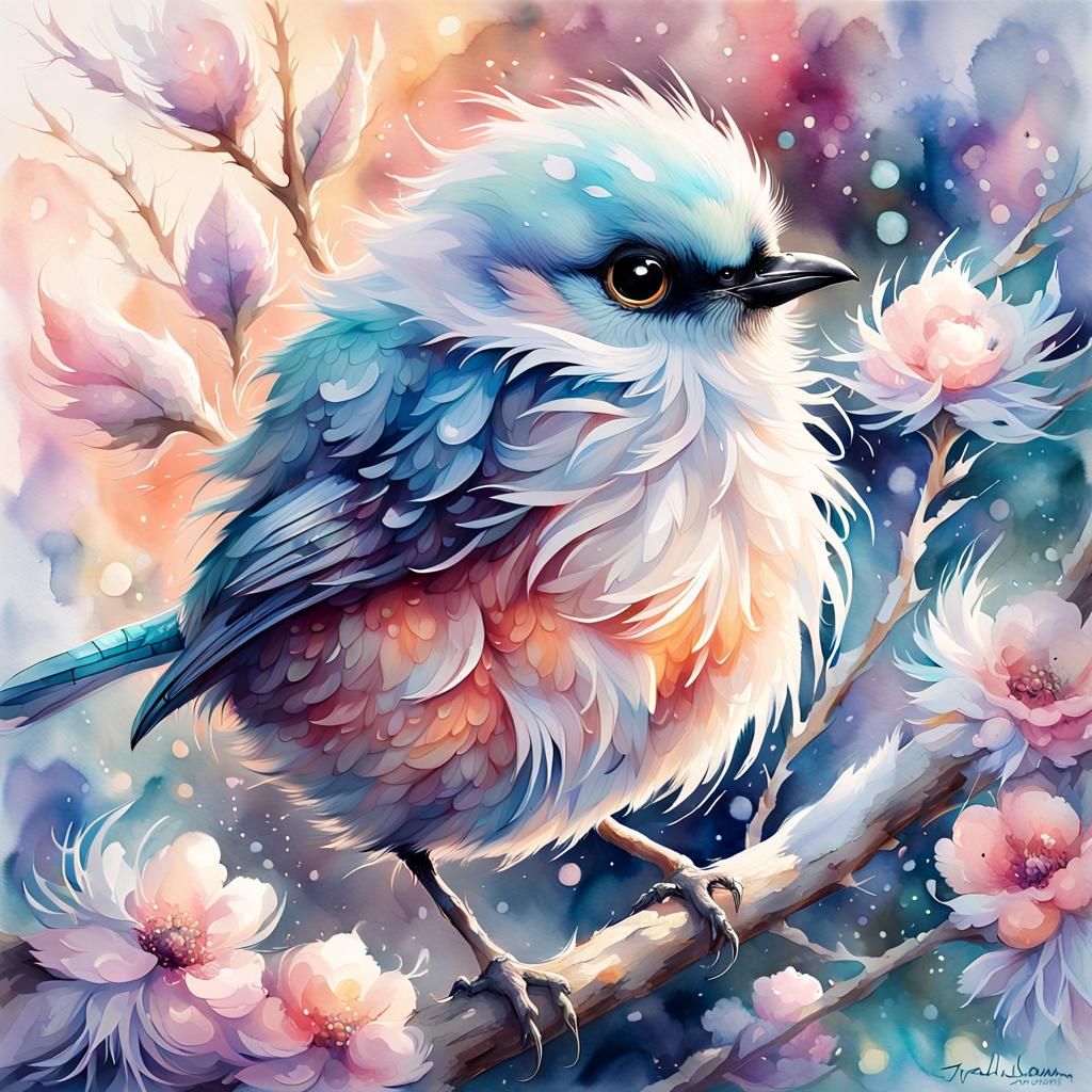 Adorable Fluffy Bird in Pastel Watercolor Style