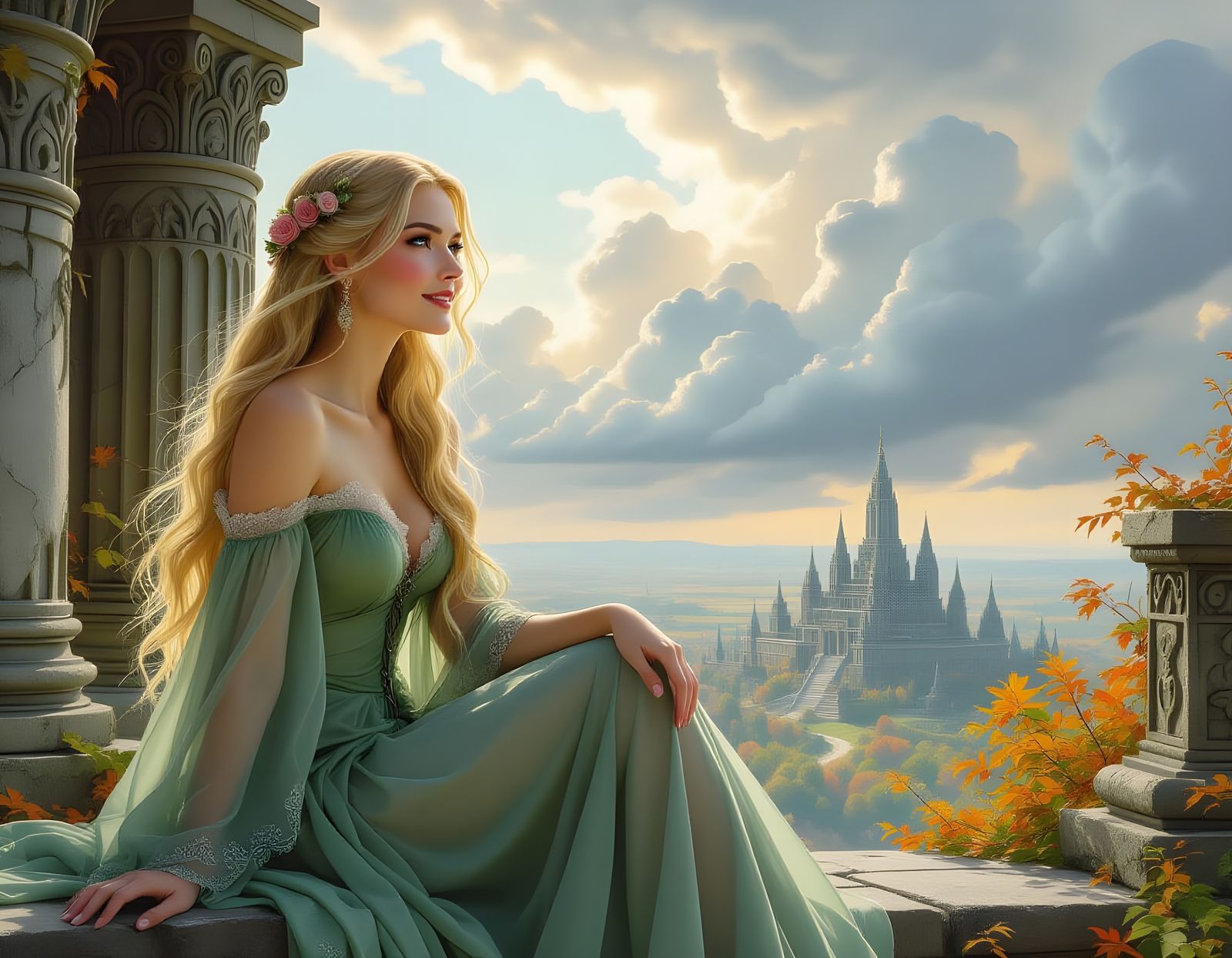 Norse Goddess in Temple Ruins Amidst Ominous Clouds