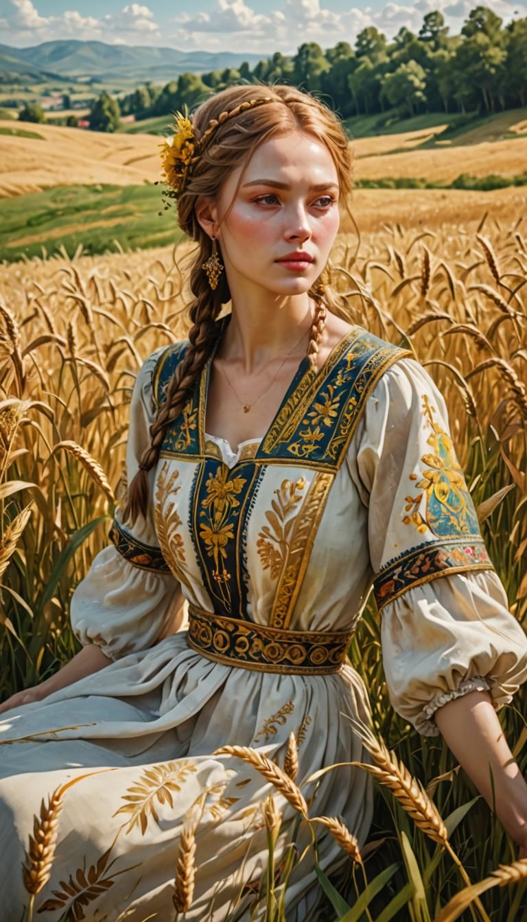 Berehynia in Sunlit Meadow: Digital Ukrainian Folklore Art