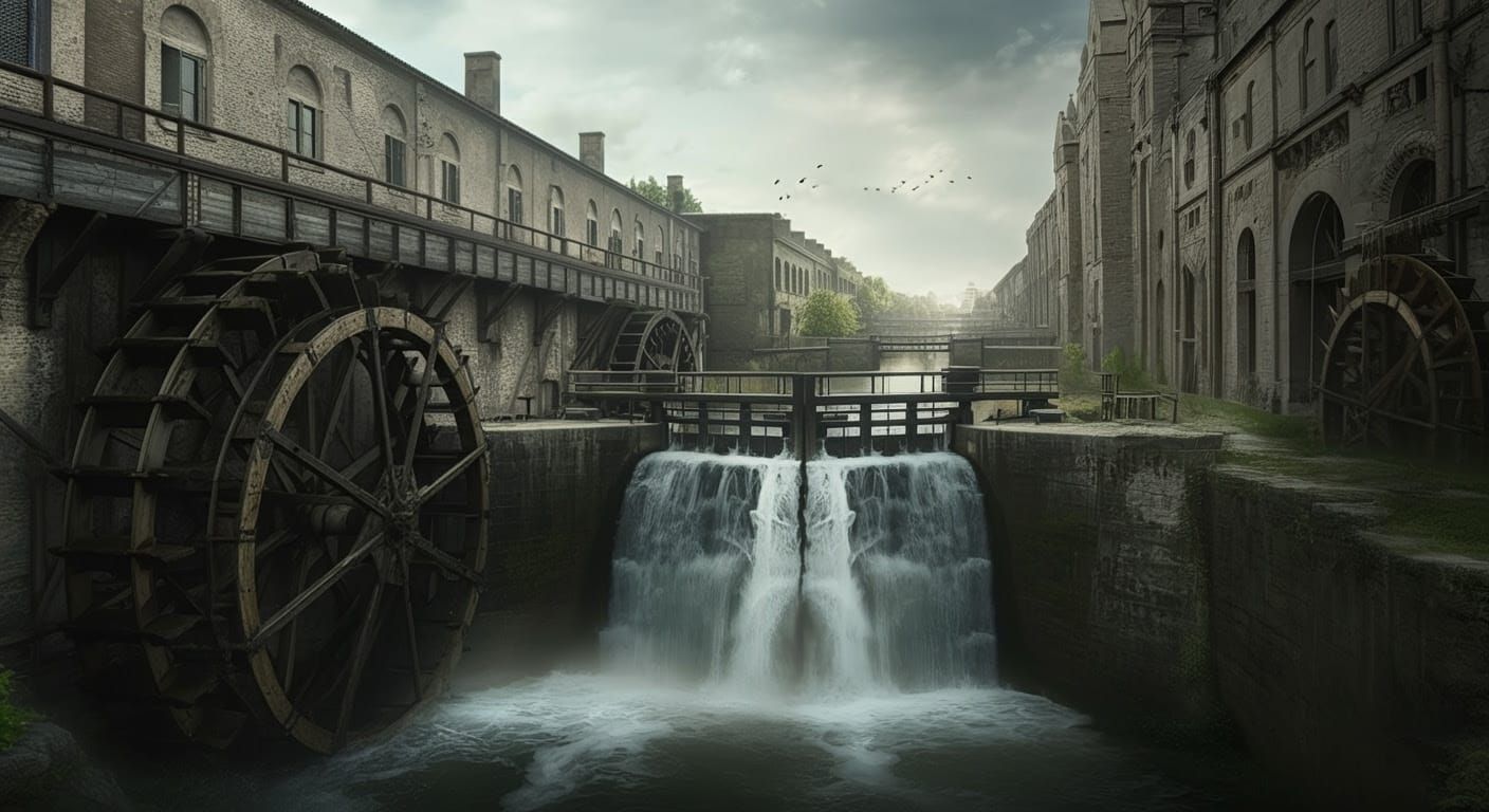 Industrial Waterwheels in a Cinematic Digital Landscape