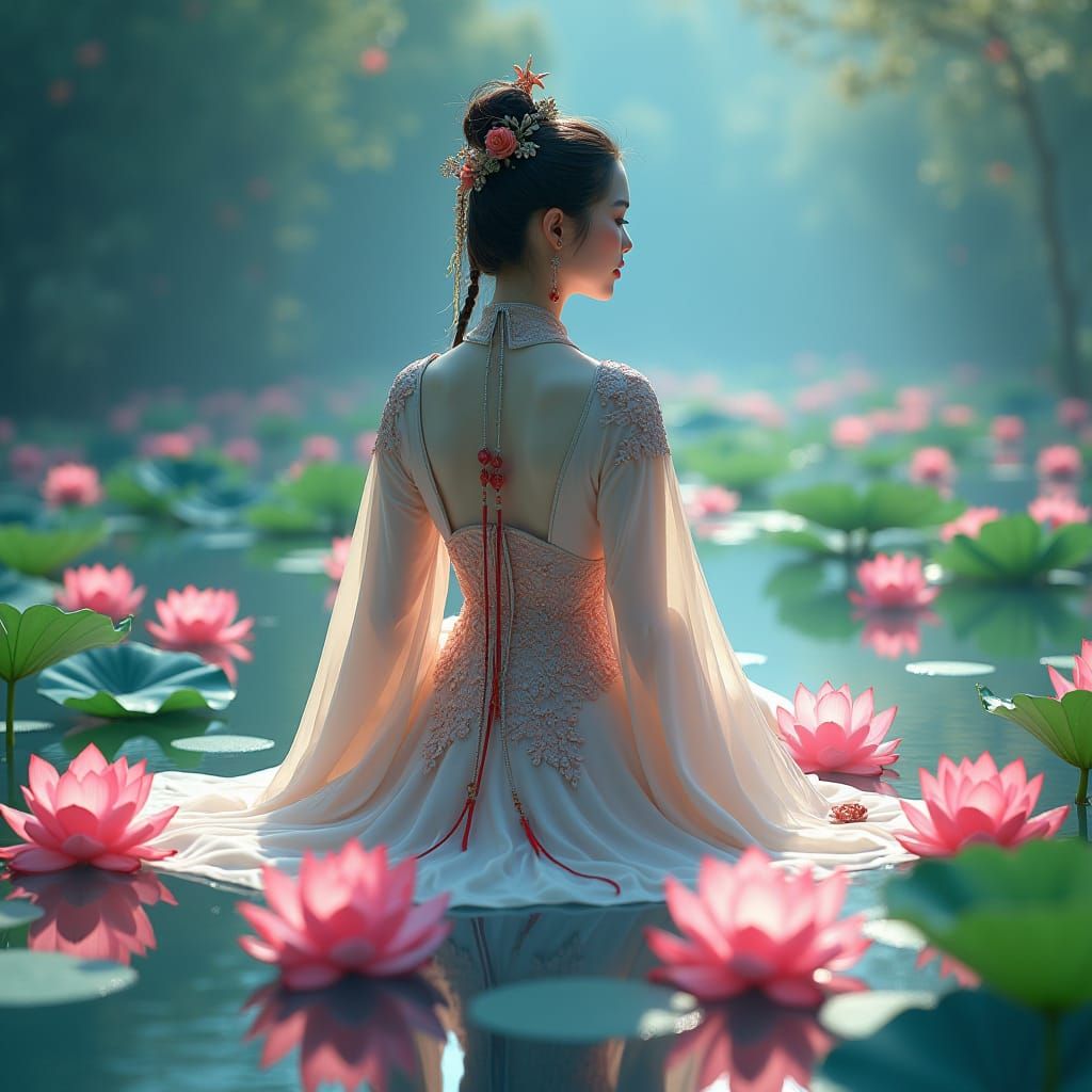 Chinese Woman in Lotus Pond: Detailed Matte Painting