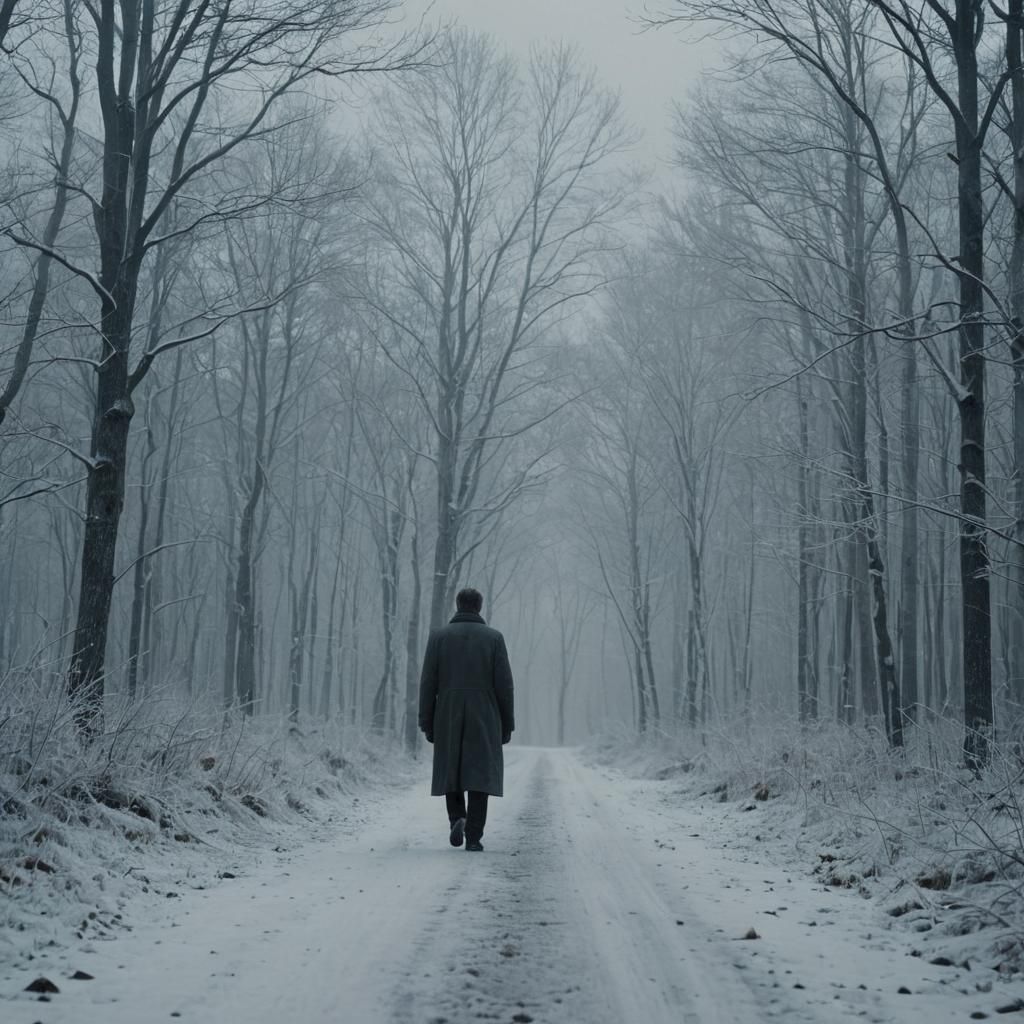 Ominous Figure Walks to Frozen Forest in Cinematic Style