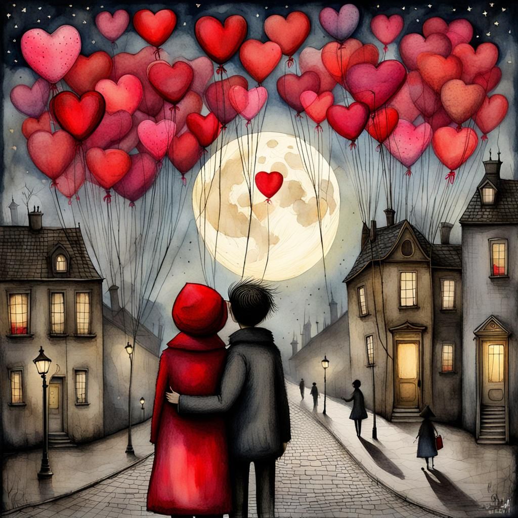 Valentine's Night Cityscape in Watercolor