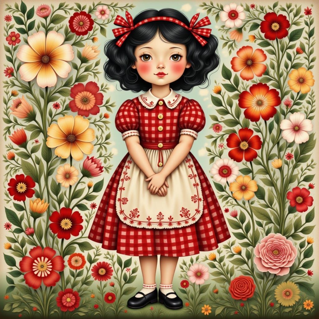 Whimsical Folk Art Portrait of a Young Girl