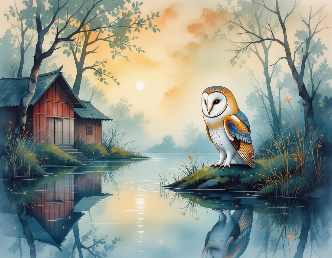 Barn Owl Chinese Ink Painting with Fractal Details