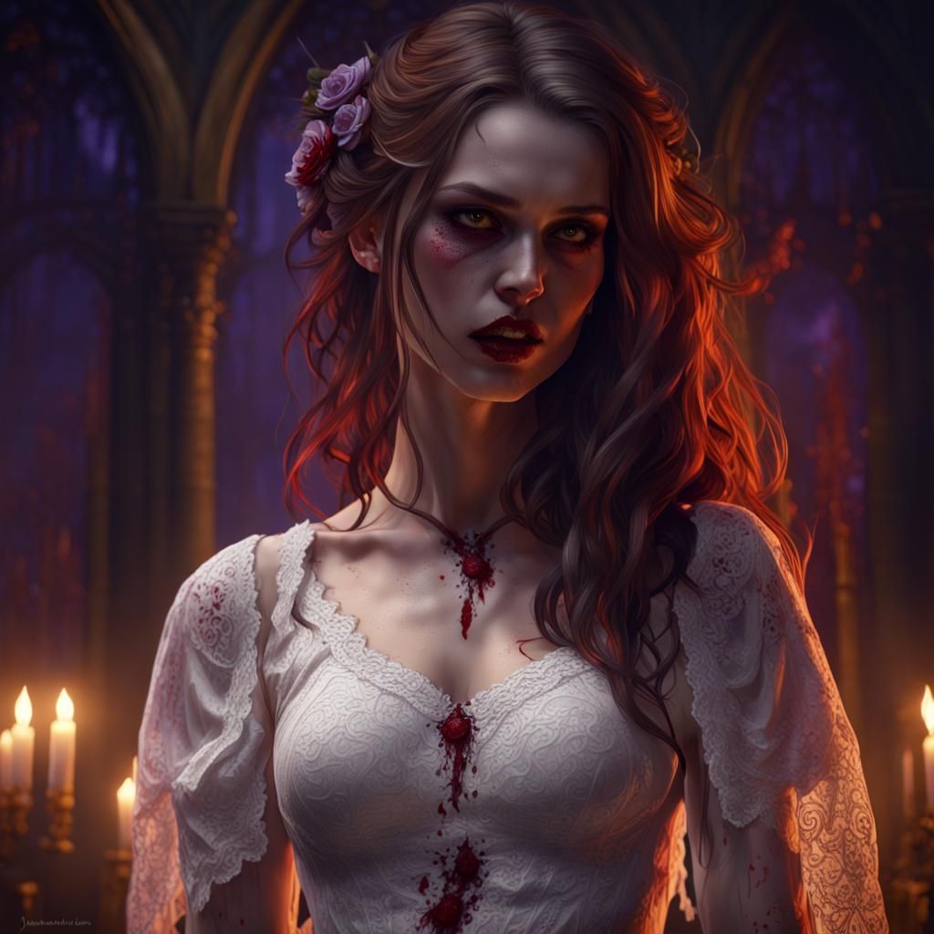Vampire Girl in White Lace Dress, Dark Fantasy Art