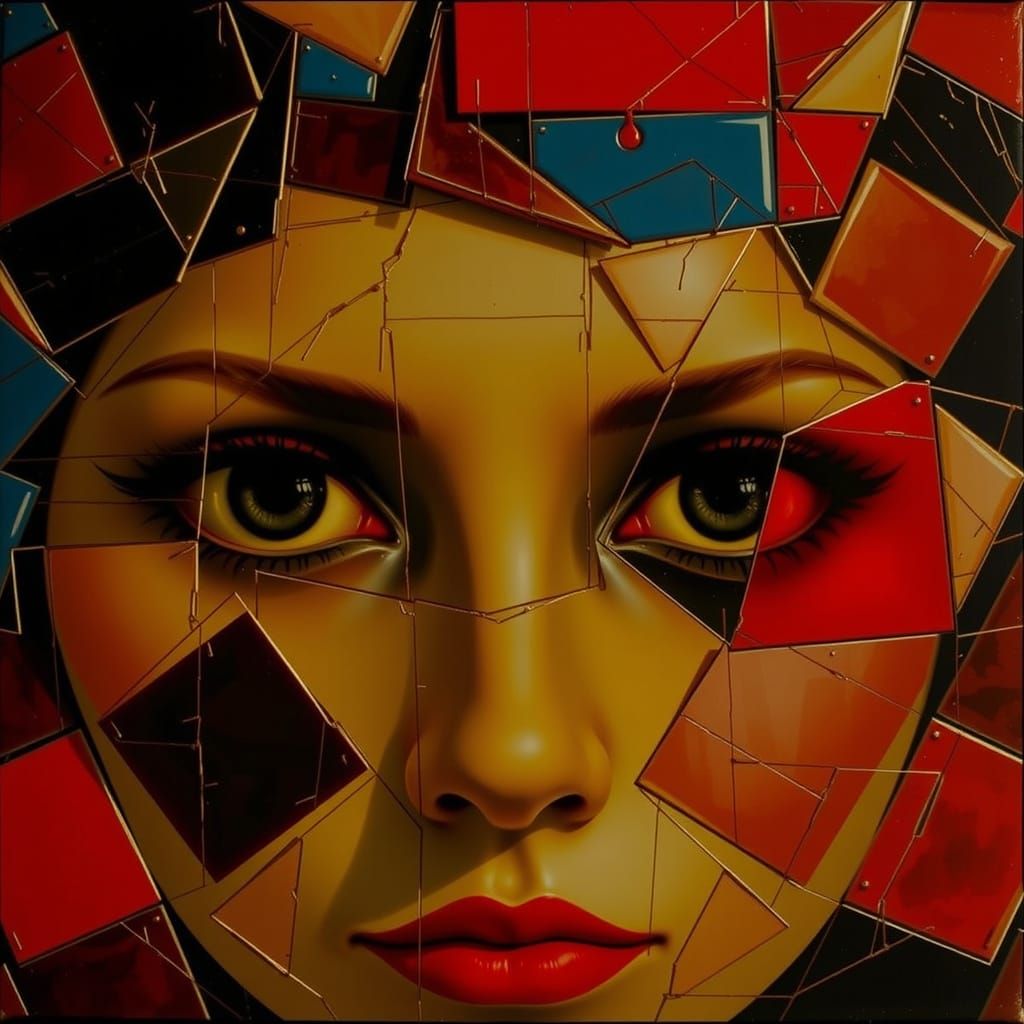 Op Art Geometric Abstraction with Vibrant Red and Blue Shape...