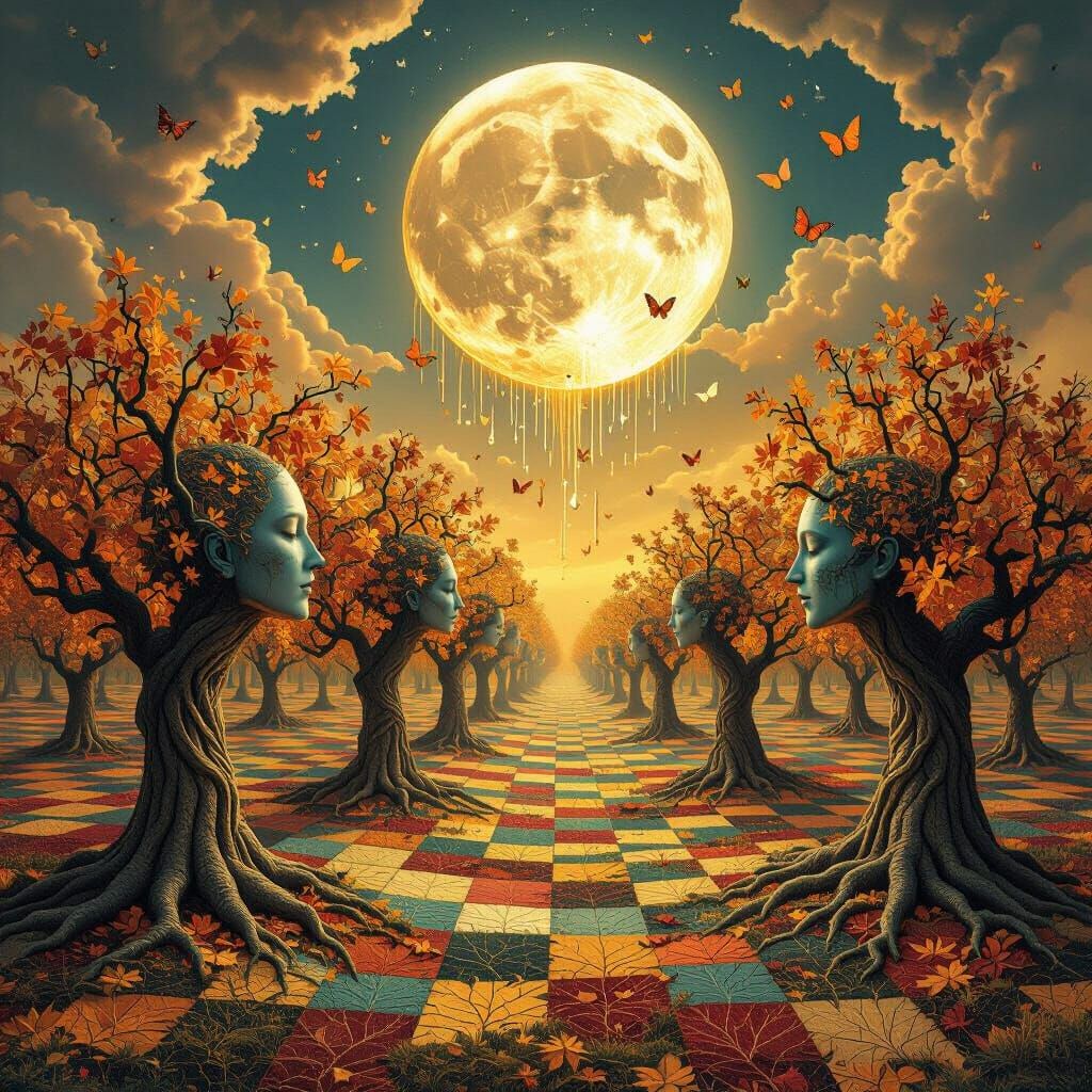 Surreal Autumn Orchard with Humanoid Trees and Moon
