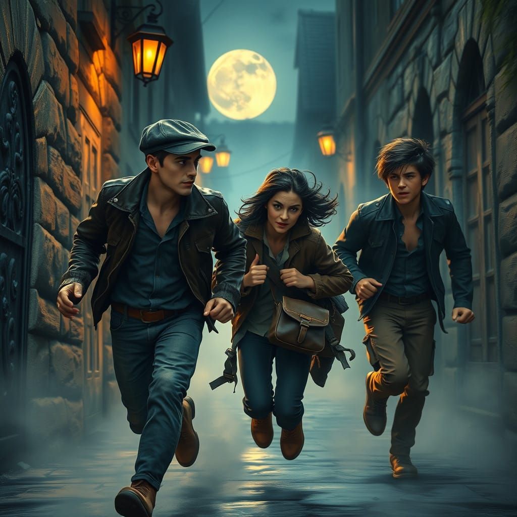 Rugged Youths Flee Pursuers in Mystical German Alleyway